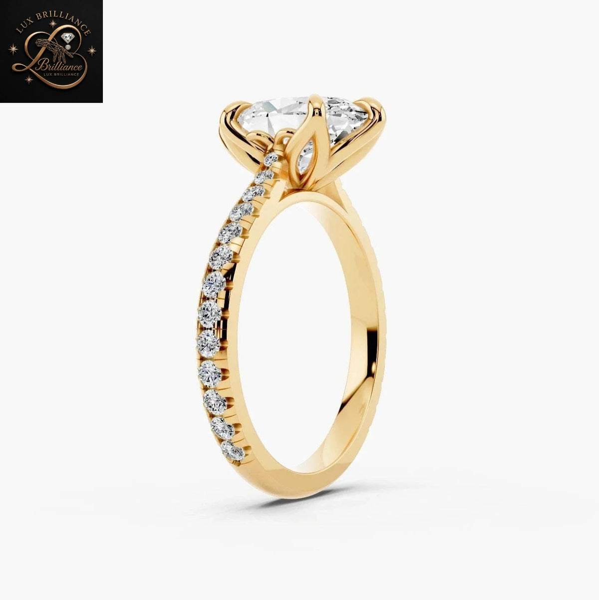 Oval Cut Diamond Engagement Ring with Pavé Band in Tulip Petal Setting 18K Yellow Gold