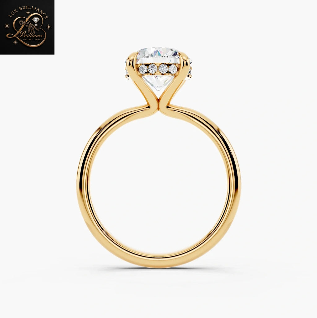 Round Cut Solitaire Engagement Ring with Hidden Halo |14K Yellow Gold Gift For Her
