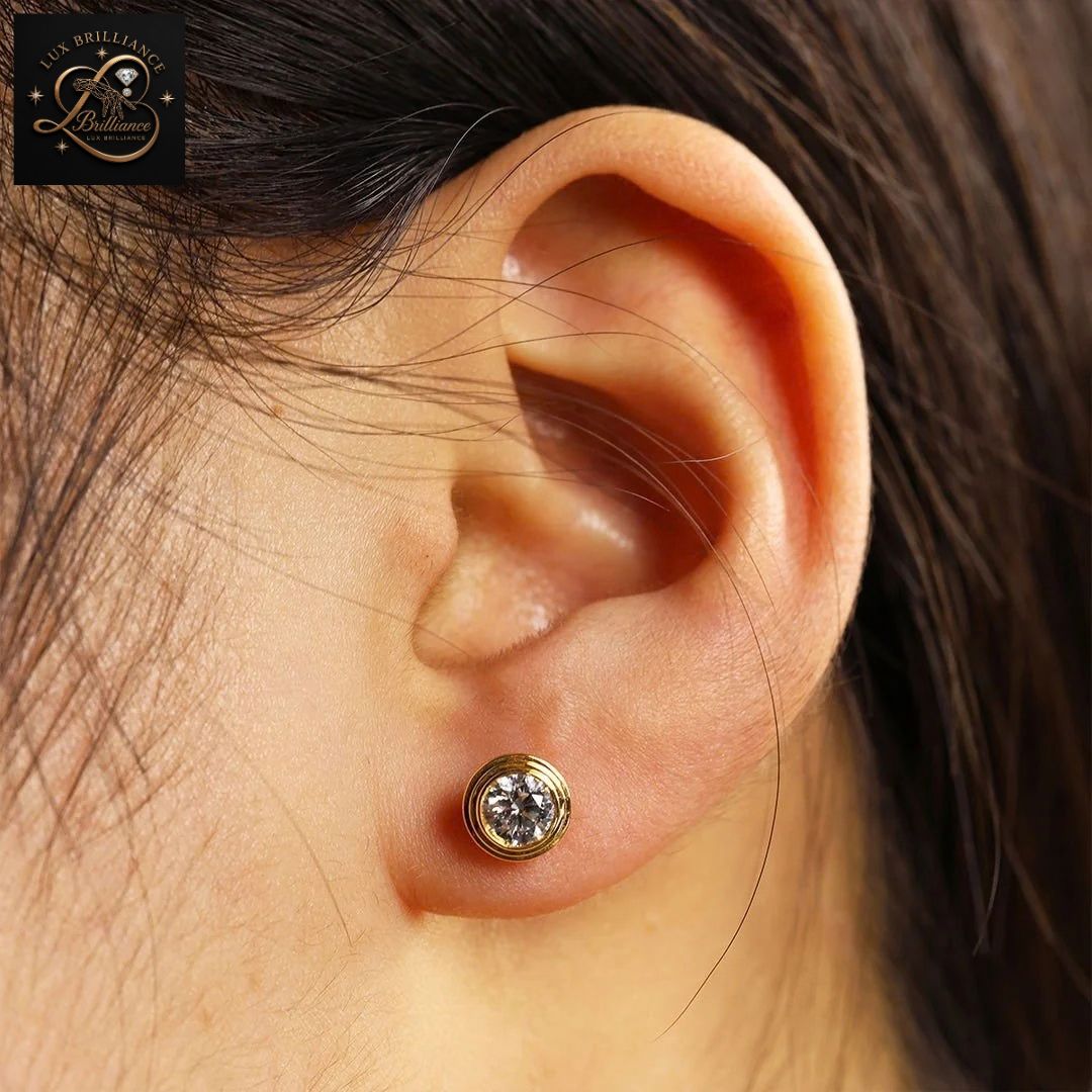 Bezel Set Round Diamond Solitaire Studs | 14K Solid Gold Screw Back Earrings