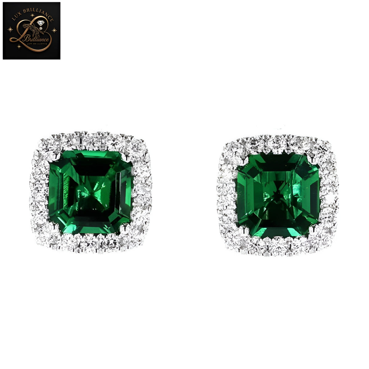 Emerald Cut Green Lab-Grown Diamond Earrings | 14K White Gold Halo-Solitaire Stud Earrings