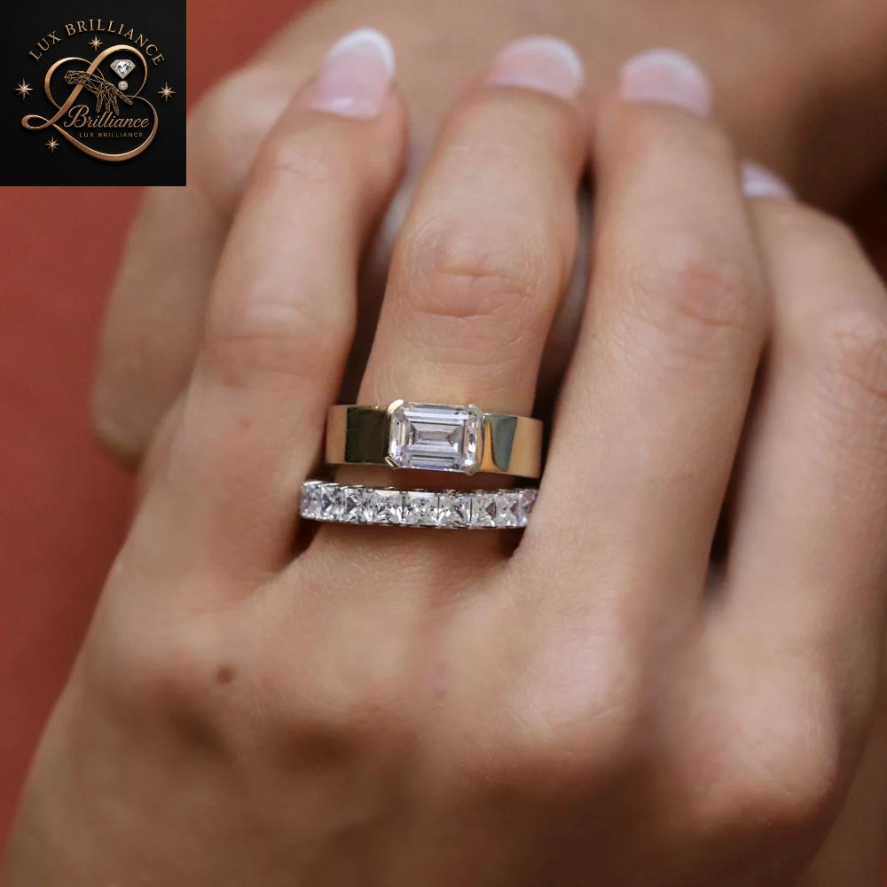 East-West Emerald Cut Diamond Bezel Ring | Yellow Gold Wedding Ring  | Gift for her