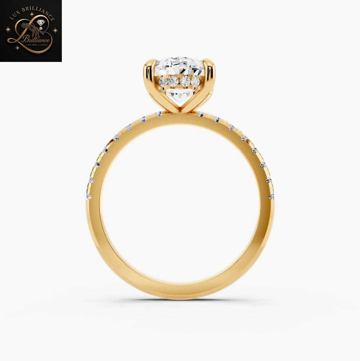 2 Ct Oval Cut Diamond Engagement Ring with Pavé Band and Hidden Halo