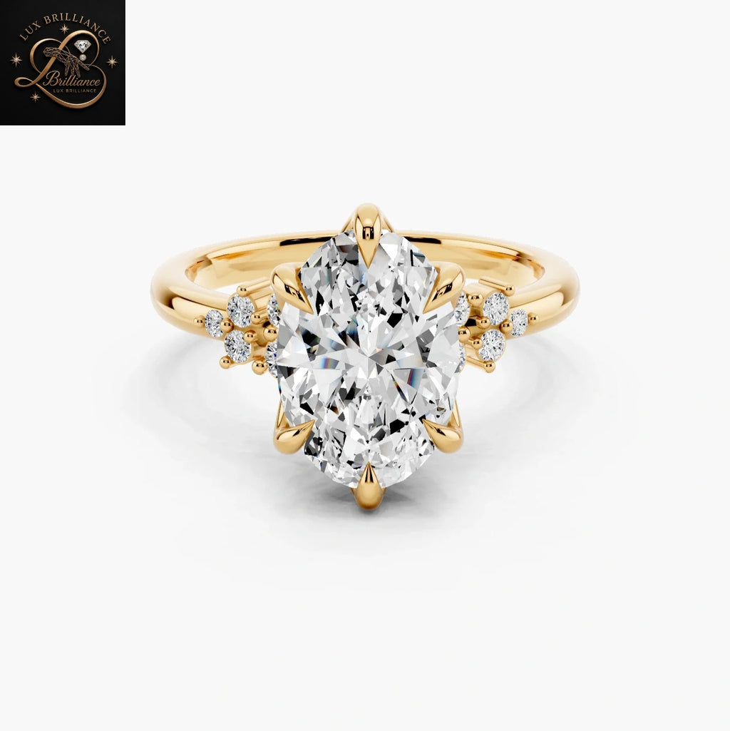 Oval Cut Diamond Bridal Ring with Cluster Accent Shoulders and Tulip Petal Basket