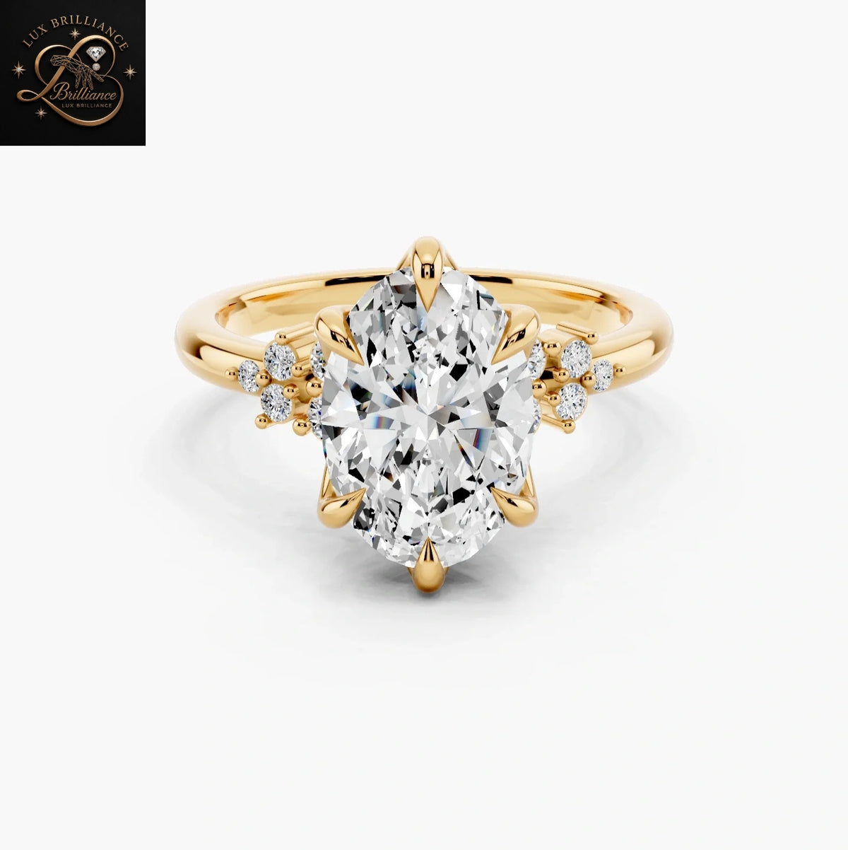 Oval Cut Diamond Bridal Ring with Cluster Accent Shoulders and Tulip Petal Basket
