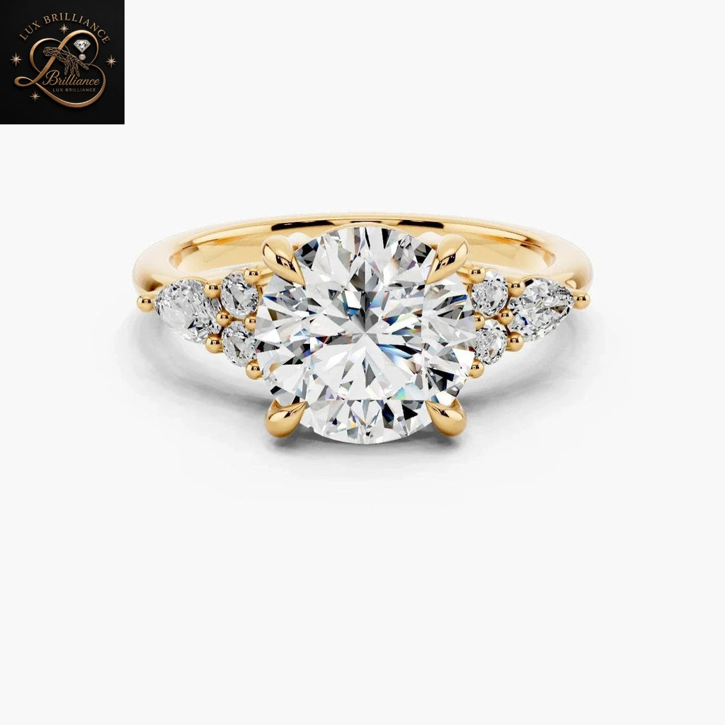 Classic Round Cut Diamond Engagement Ring with Pear and Round Cluster Side Stones