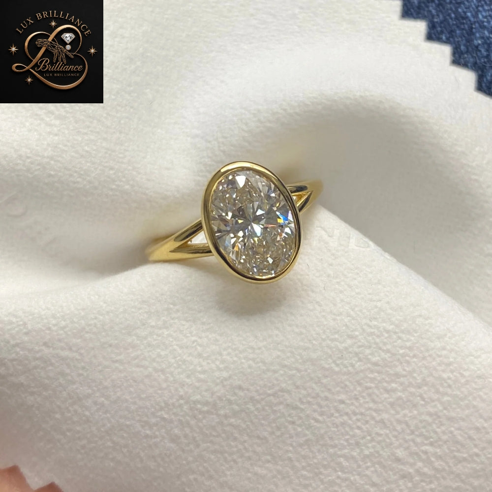 Bezel Set Oval Diamond Engagement Ring | Split Shank Yellow Gold Ring | Anniversary Ring For Gift