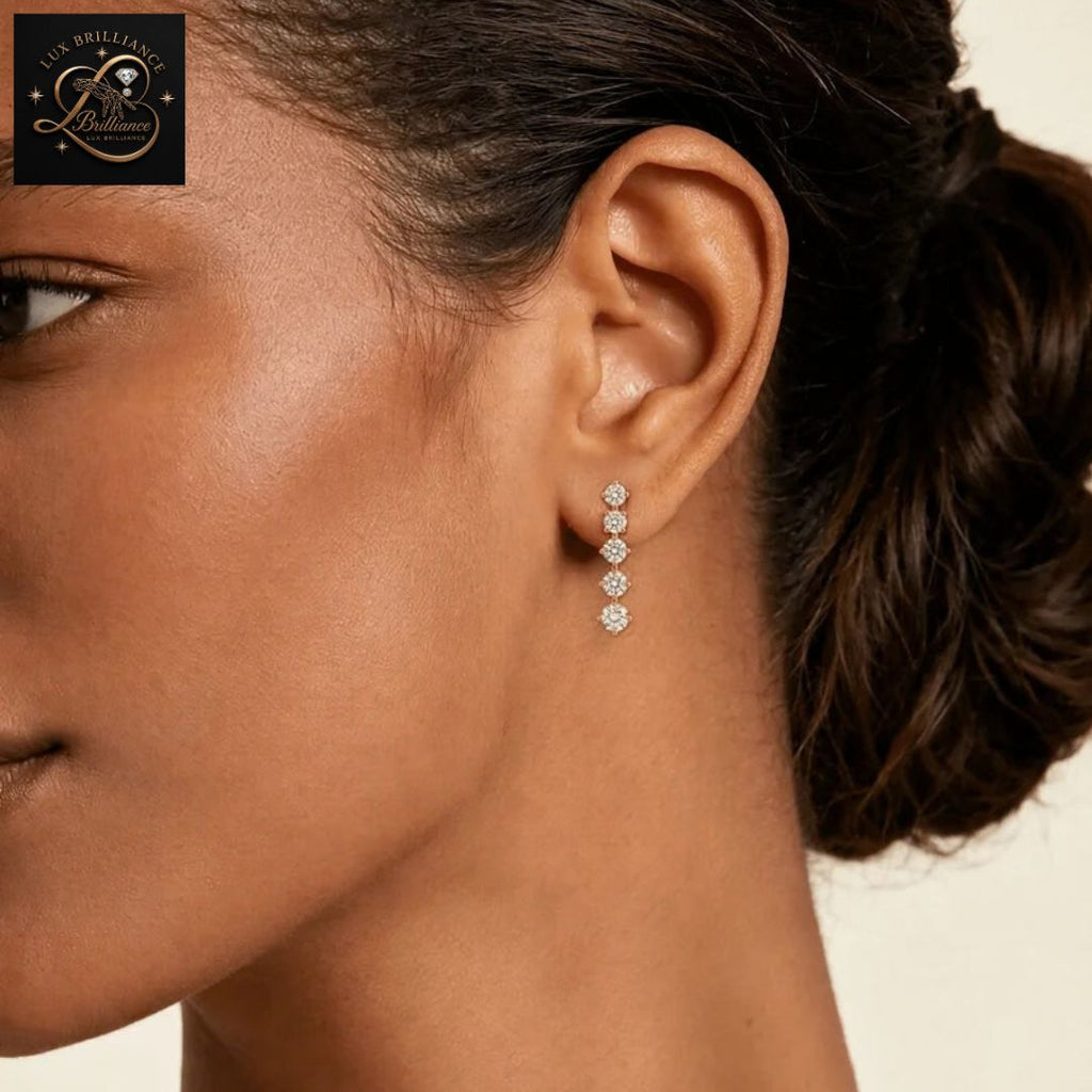 Graduated Round Cut Diamond Vertical Drop Earrings | Gold Dangle Studs