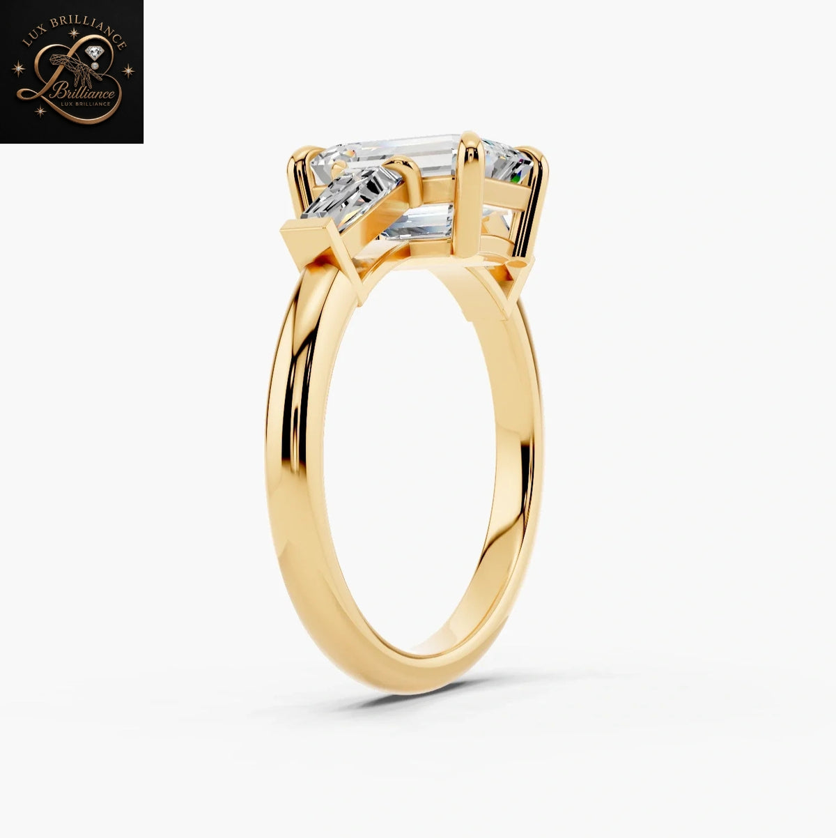 Antique Emerald Cut Three Stone Engagement Ring with Tapered Baguettes Ring in Yellow Gold