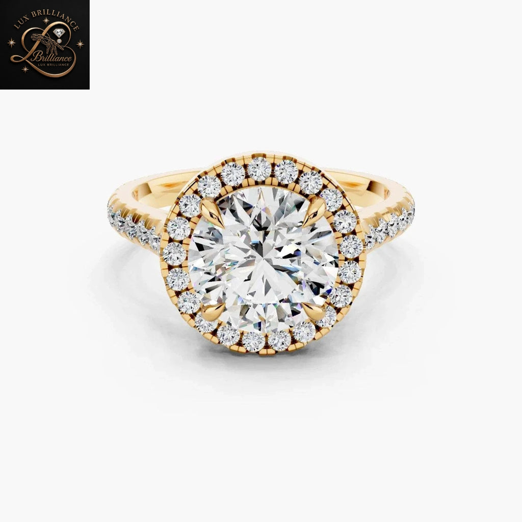 2 CT Round Brilliant Cut Diamond Halo Engagement Ring with Pavé Band | 14K Yellow Gold Promise Ring