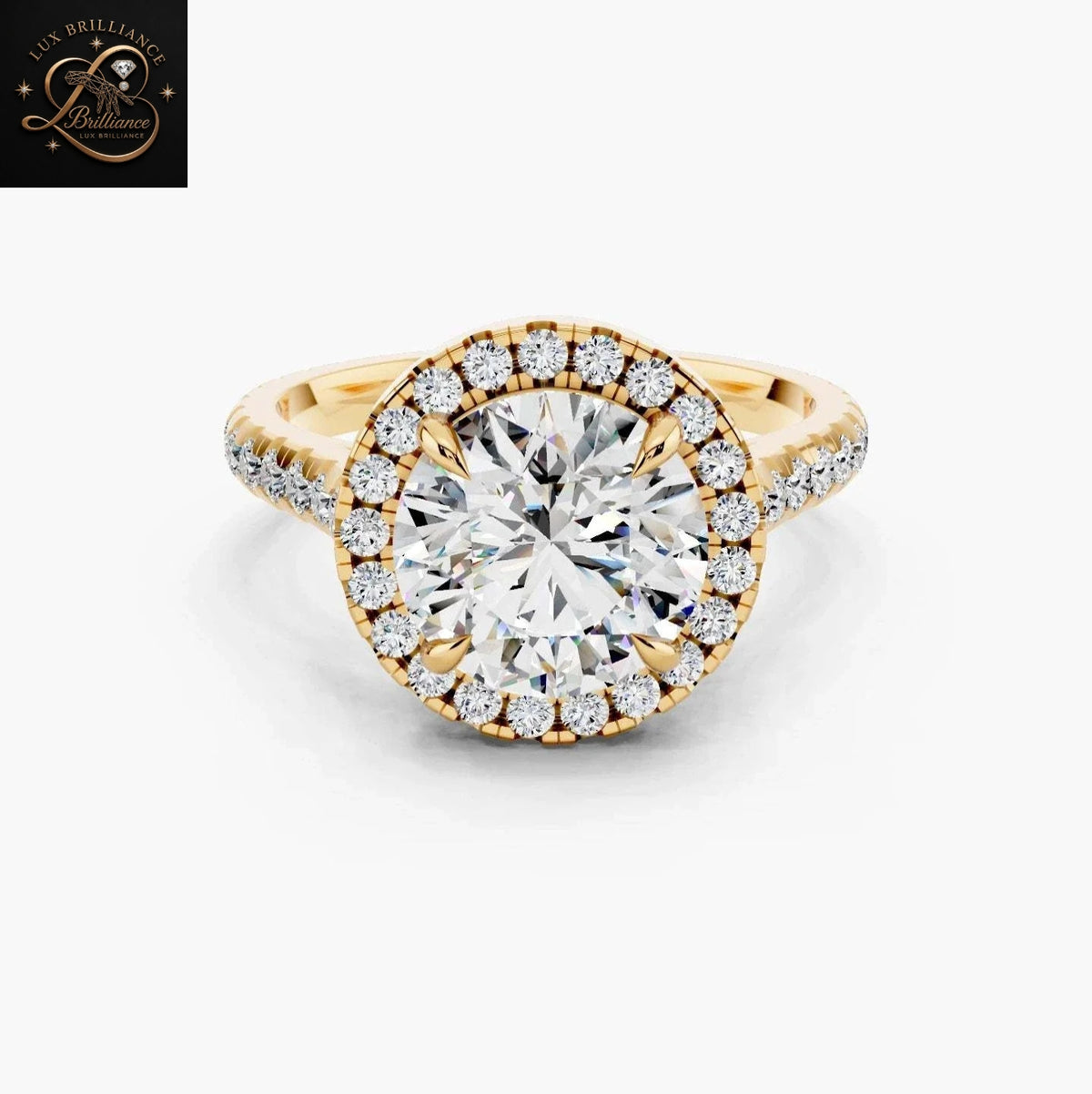 2 CT Round Brilliant Cut Diamond Halo Engagement Ring with Pavé Band | 14K Yellow Gold Promise Ring