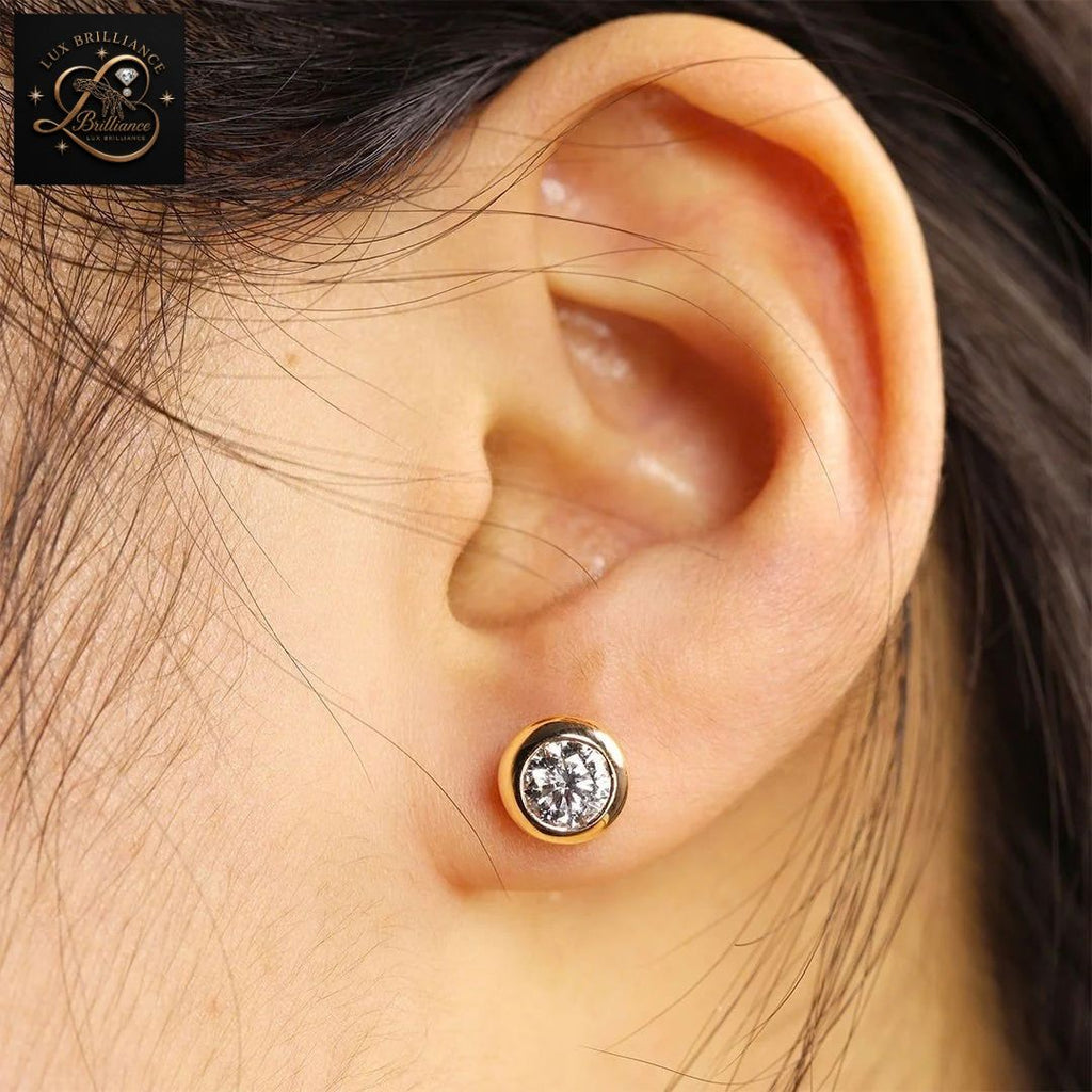 Bezel Set Round Diamond Solitaire Stud Earrings | 18K Rose Gold