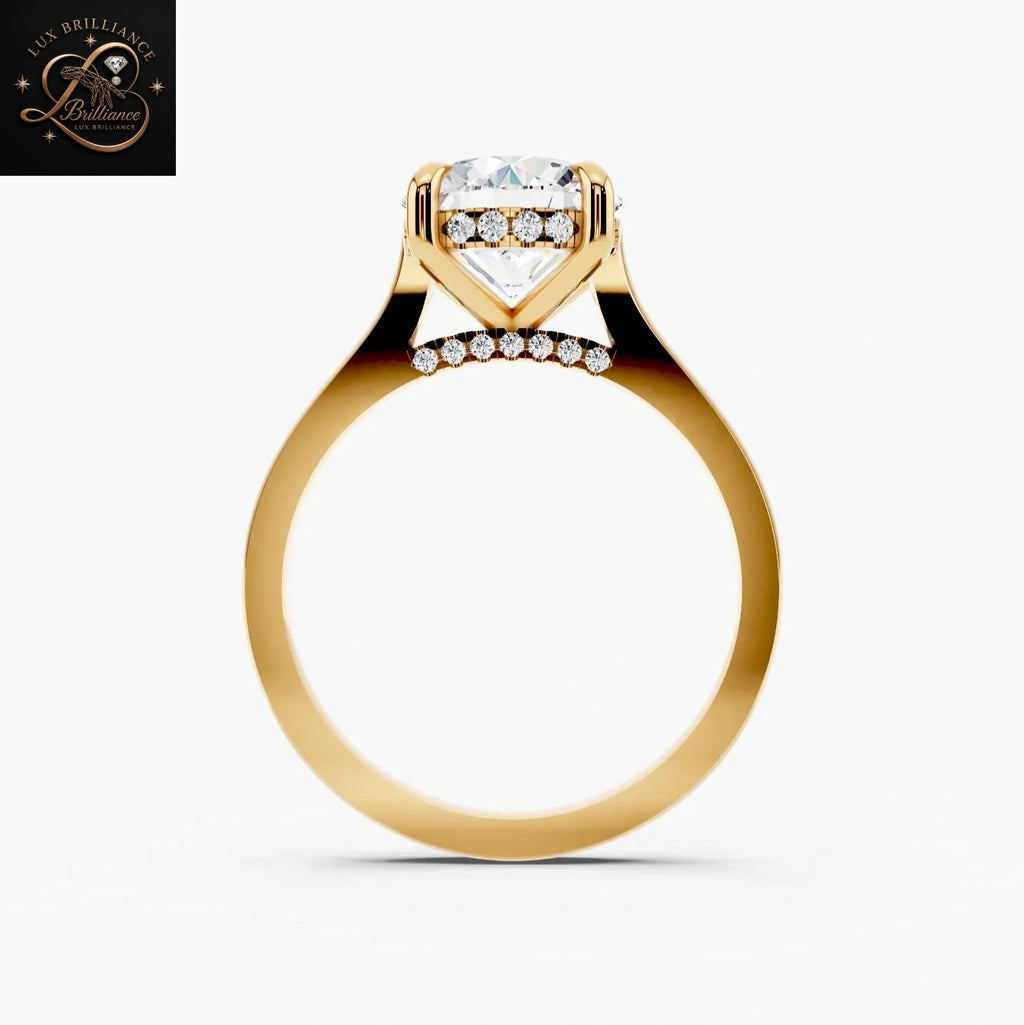 Round Cut Solitaire Engagement Ring with Hidden Halo and Under-Gallery Bridge Pavé | 14K Yellow Gold