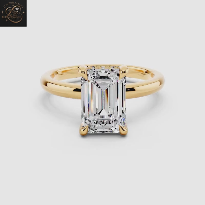 Simple Emerald Diamond Engagement Ring | Hidden Halo Solitaire Yellow Gold Ring