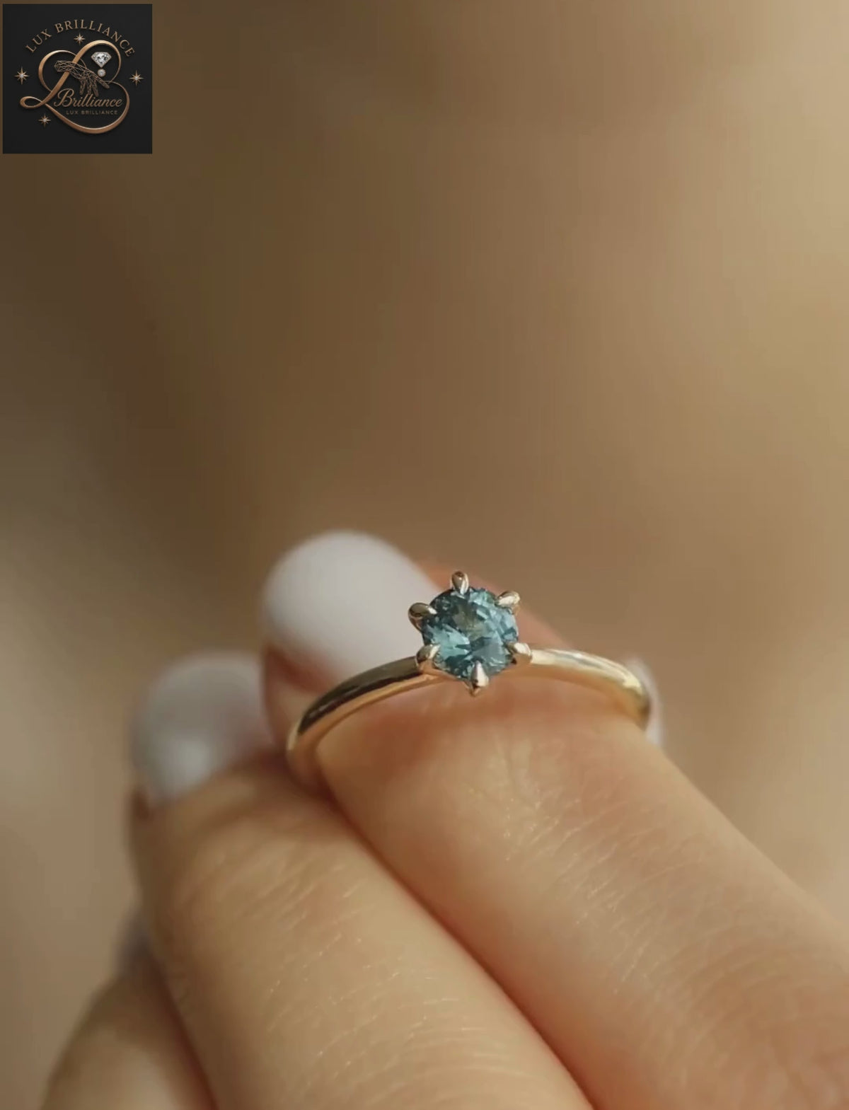 Minimalist Teal Blue Round Diamond Solitaire Ring | 6-Prong 14K Yellow Gold  Fine Jewelry