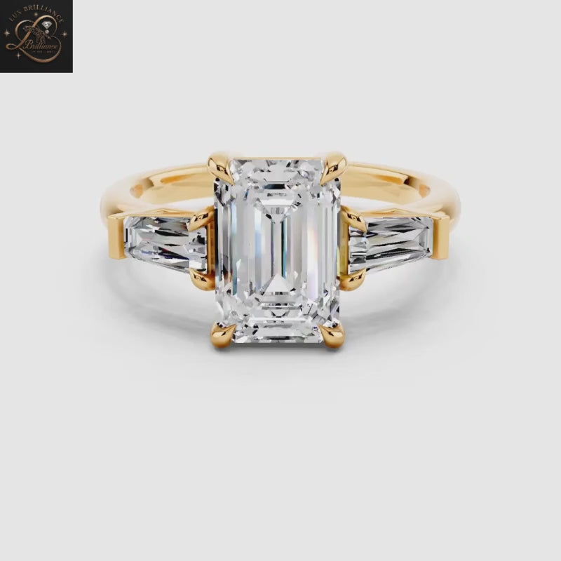 Antique Emerald Cut Three Stone Engagement Ring with Tapered Baguettes Ring in Yellow Gold