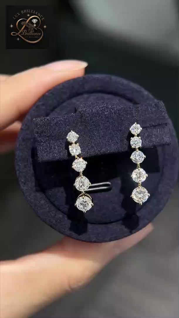 Graduated Round Cut Diamond Vertical Drop Earrings | Gold Dangle Studs