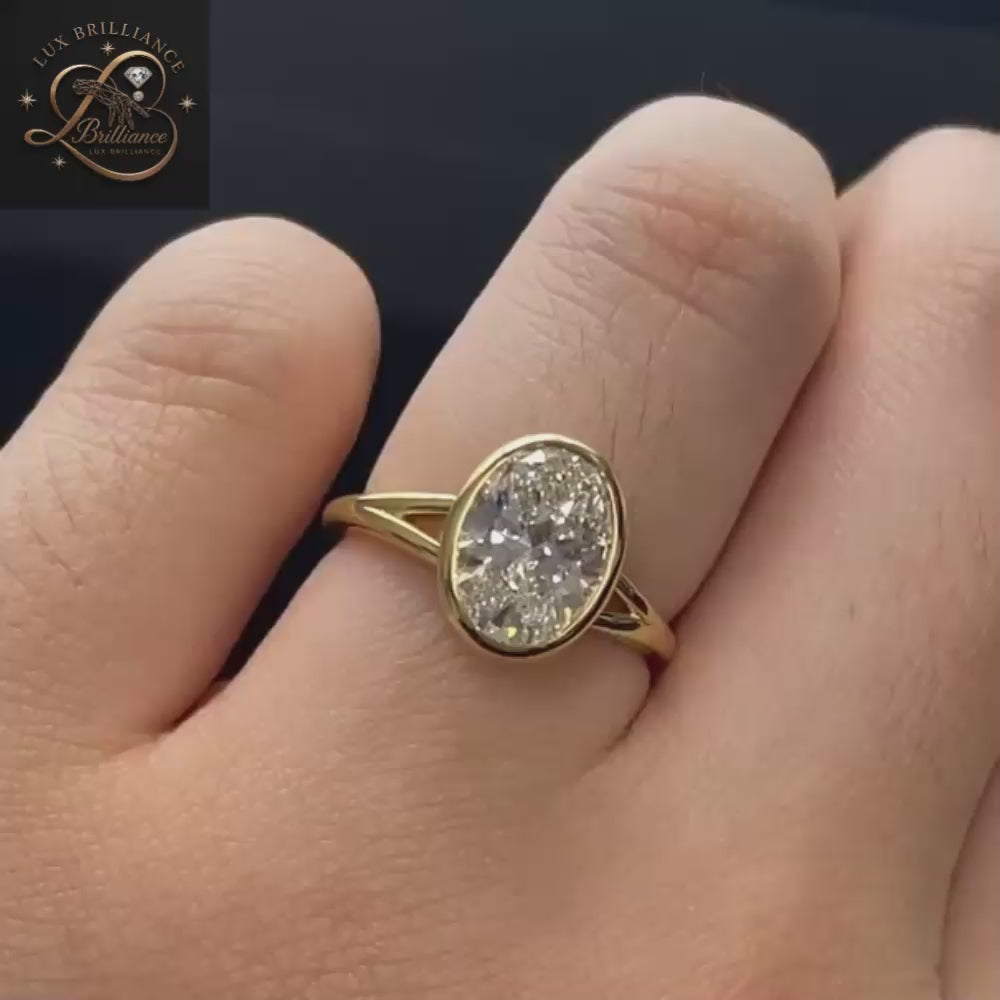 Bezel Set Oval Diamond Engagement Ring | Split Shank Yellow Gold Ring | Anniversary Ring For Gift