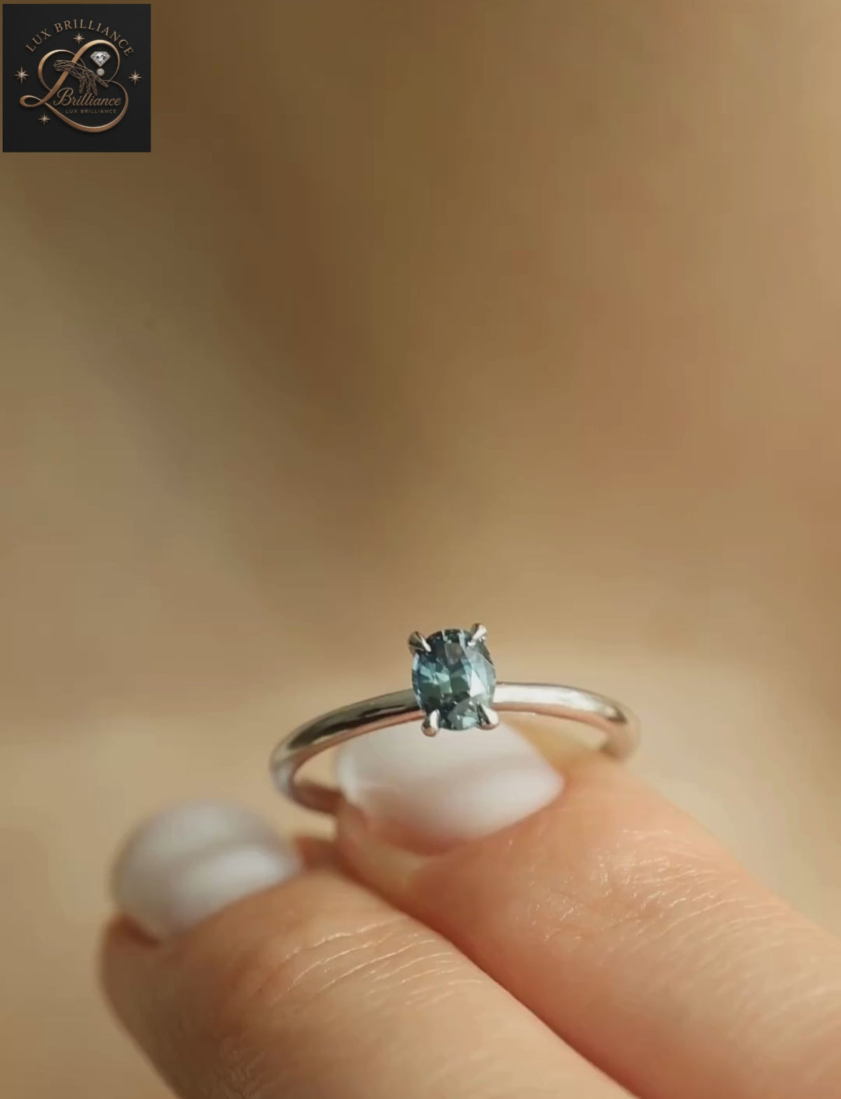 Oval Cut Ocean Teal Sapphire Solitaire Ring | White Gold Minimalist Engagement Ring