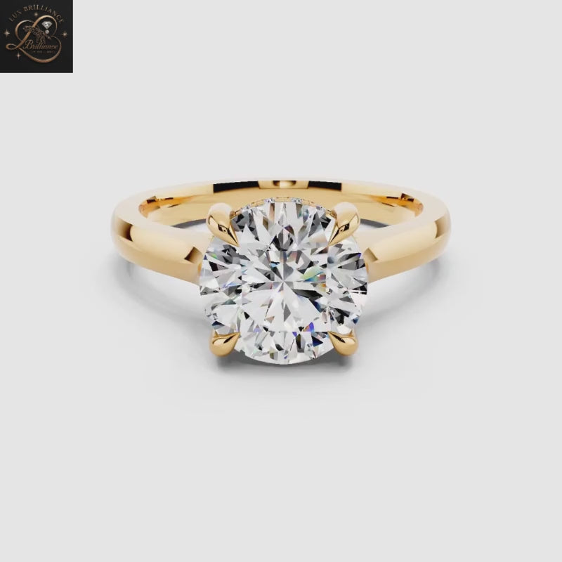 Round Cut Solitaire Engagement Ring with Hidden Halo and Under-Gallery Bridge Pavé | 14K Yellow Gold