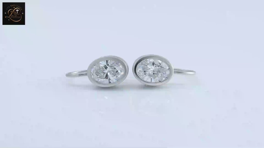 14K White Gold Bezel Oval Diamond Solitaire Earrings | Lever back Dangle