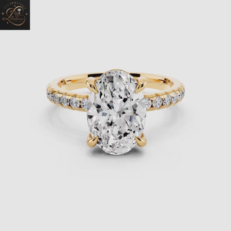 2 Ct Oval Cut Diamond Engagement Ring with Pavé Band and Hidden Halo