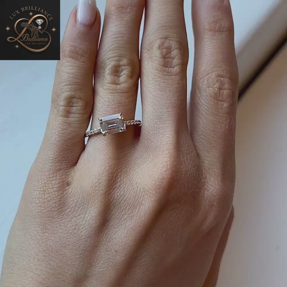 East West Emerald Cut Lab Diamond Engagement Ring | 14K Yellow Gold Pave Diamond Band | Solitaire Ring