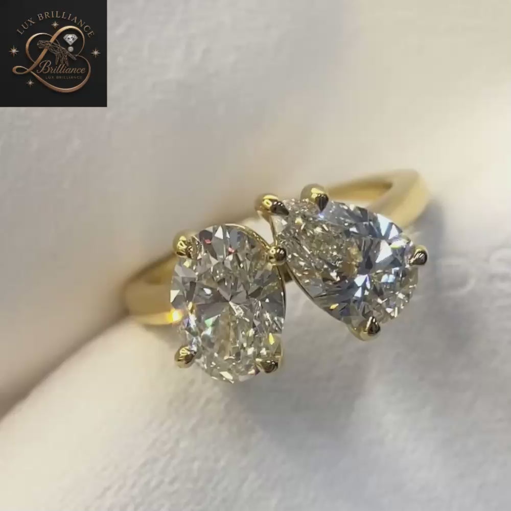 Toi et Moi Oval & Pear Cut Diamond Engagement Ring in 14K / 18K Yellow Gold | Gift For Her
