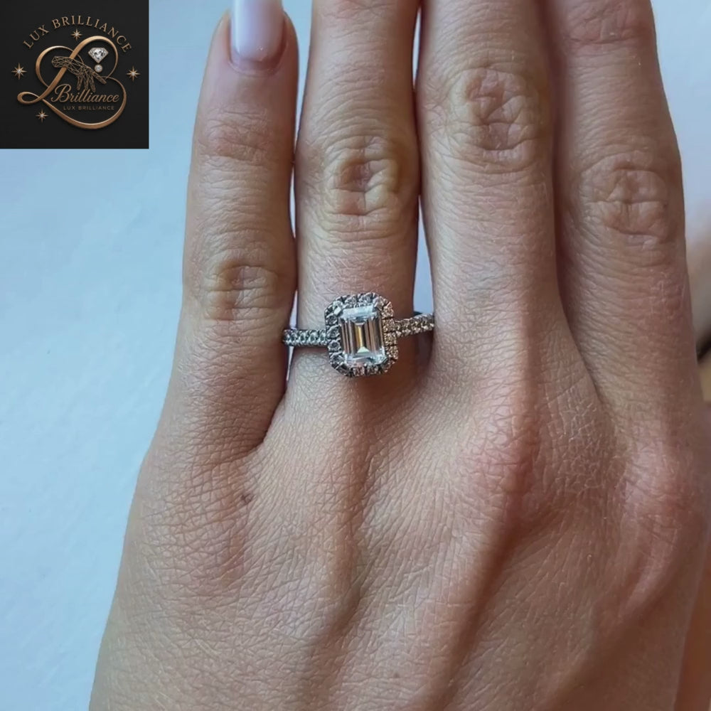 Emerald Cut Diamond Engagement Ring | Halo Solitaire White Gold Ring | Engagement Ring