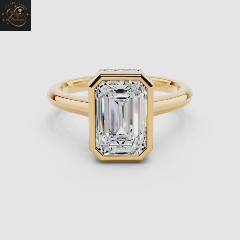 Emerald Cut Diamond  Engagement Ring | Hidden Halo in 14K Yellow Gold Bridal Ring