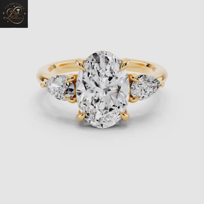 Oval Diamond Engagement Ring with Pear Side Stones | 14K Yellow Gold Gift For Her