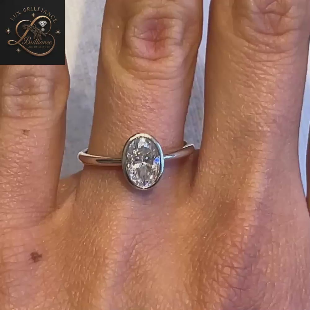 Oval Bezel Lab Diamond Engagement Ring | Modern Horizontal Full Bezel Set Gold Ring | Gift For Her