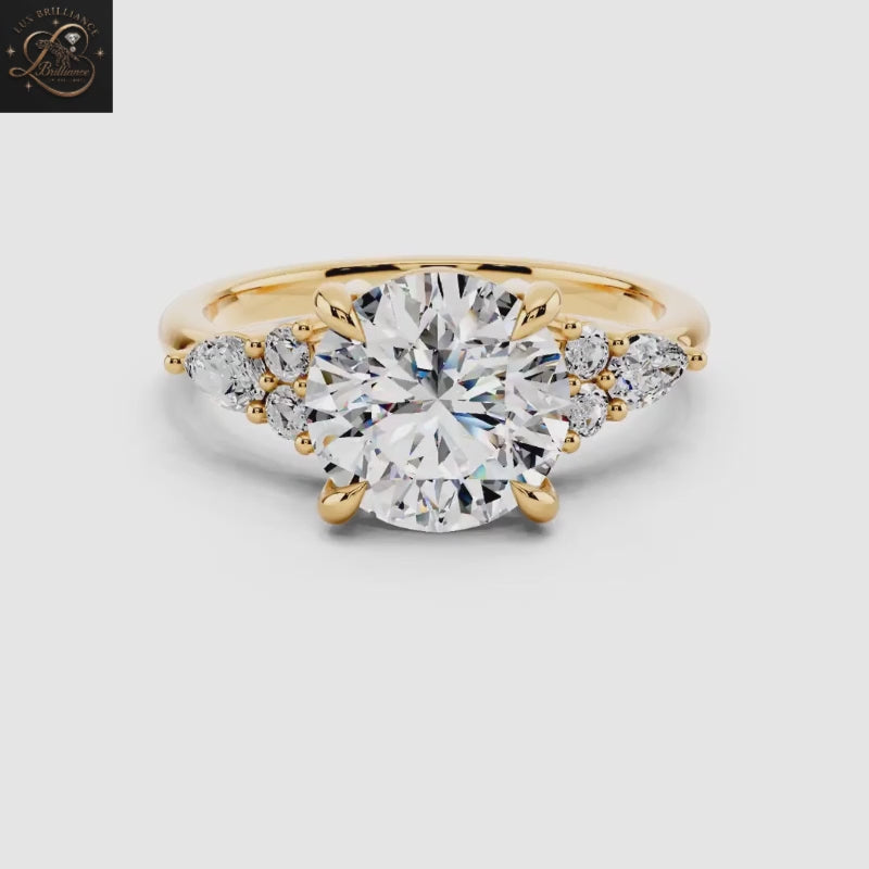 Classic Round Cut Diamond Engagement Ring with Pear and Round Cluster Side Stones