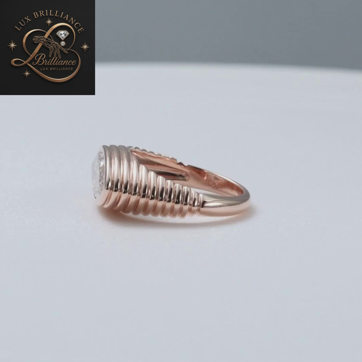 Rose Gold Fluted Ribbed Marquise Cut Diamond Bezel Solitaire Ring