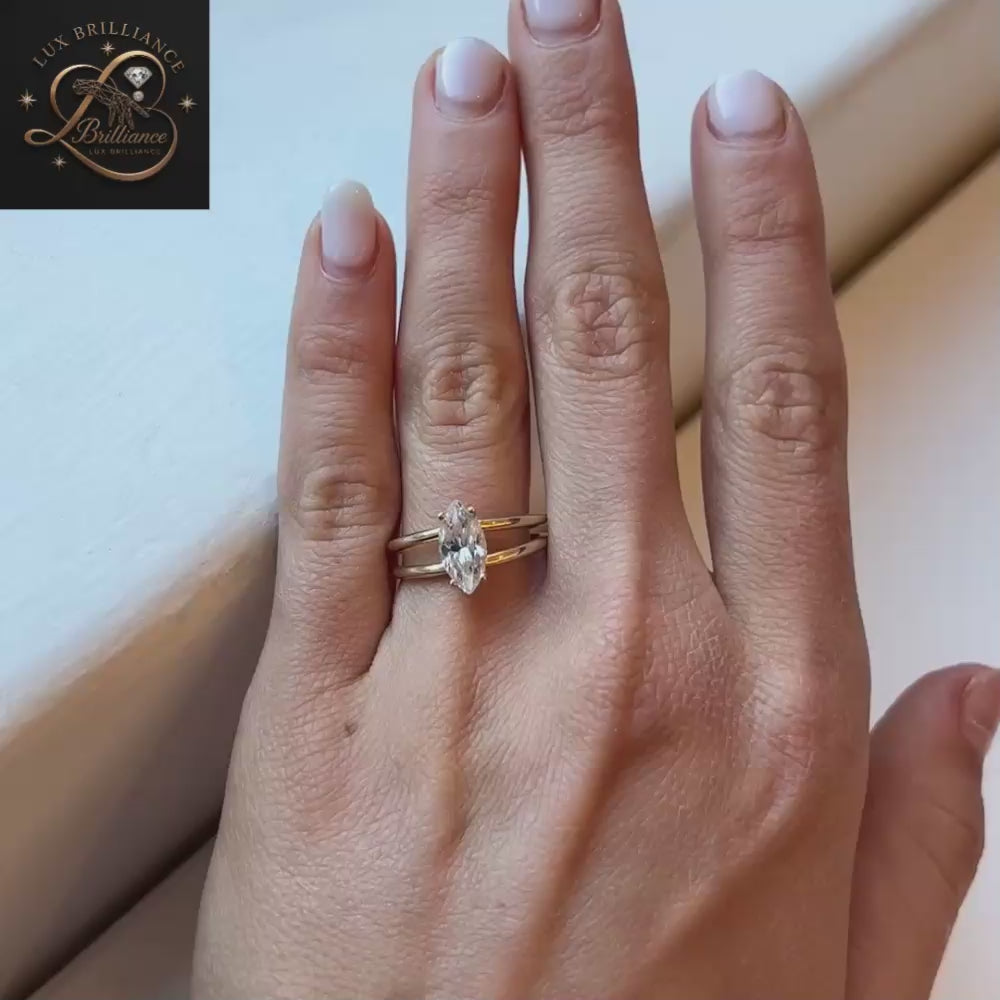 1.50 Ct Marquise Cut Diamond Engagement Ring | 14K Yellow Gold Double Band Solitaire Ring for Women