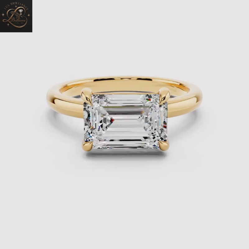 East-West Emerald Cut Solitaire Engagement Ring in 14K Yellow Gold