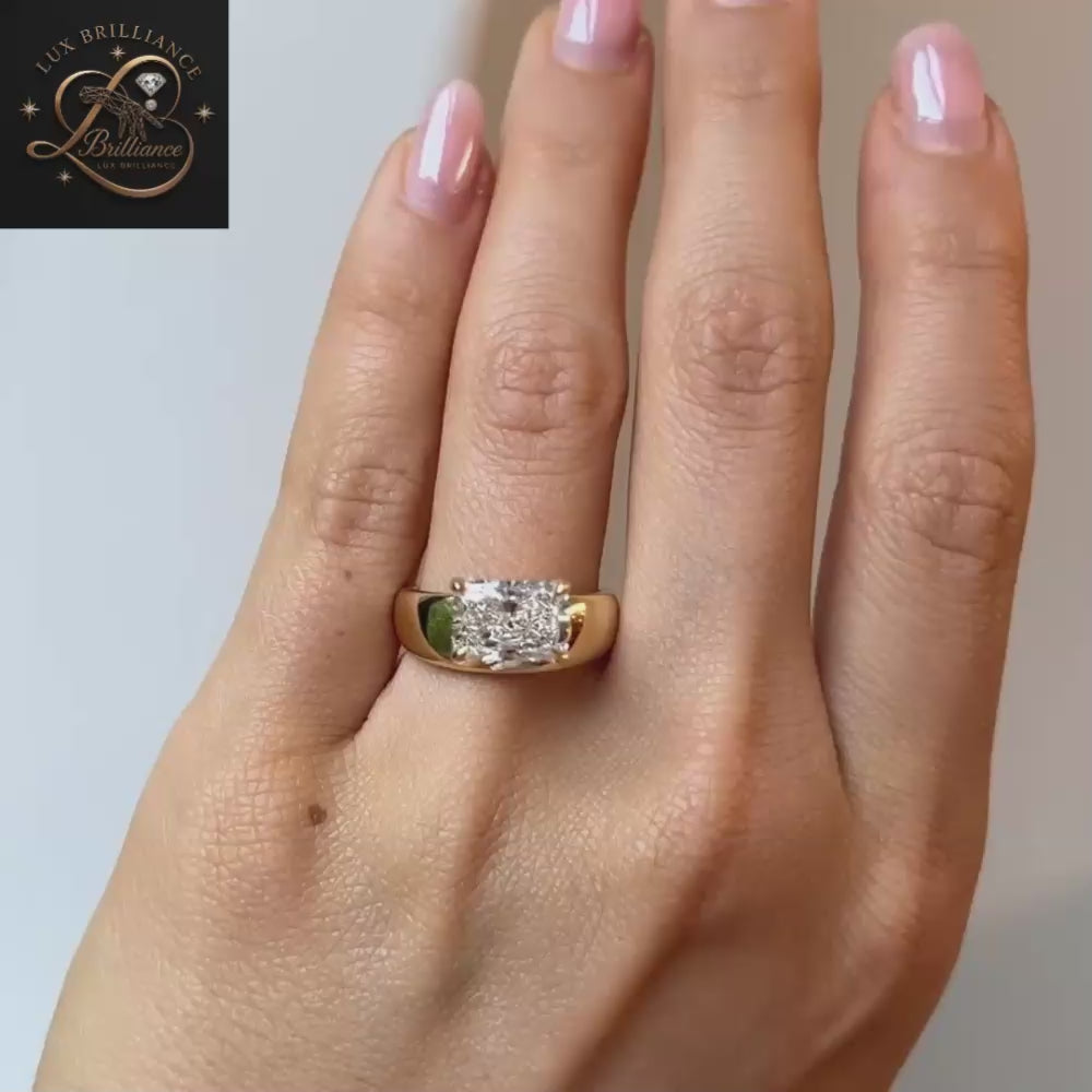 East-West Elongated Radiant Diamond Ring | Wide Band Solitaire 4-Prong Ring | Classic Ring