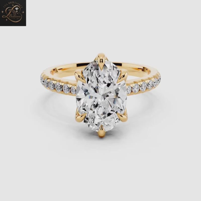 Oval Cut Diamond Engagement Ring with Pavé Band in Tulip Petal Setting 18K Yellow Gold