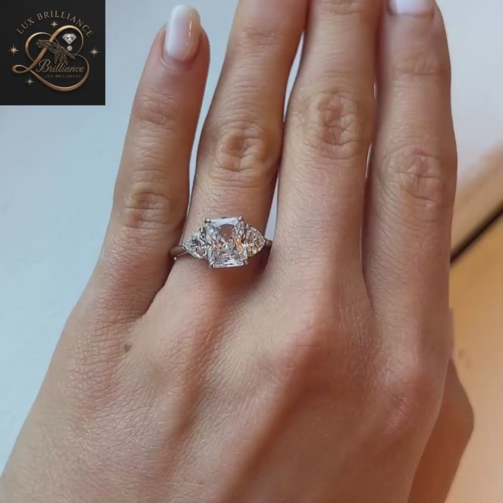 Unique Radiant Cut Diamond Three Stone Engagement Ring with Brilliant Cut Trapezoid Side Stones | 18K White Gold Ring