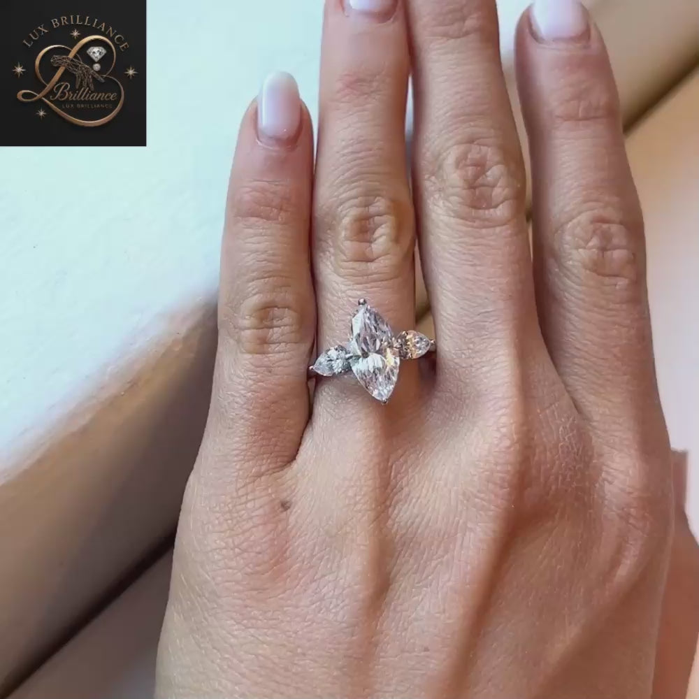Marquise Cut Diamond Three Stone Engagement Ring with  White Gold / gift for her (Copy) (Copy)