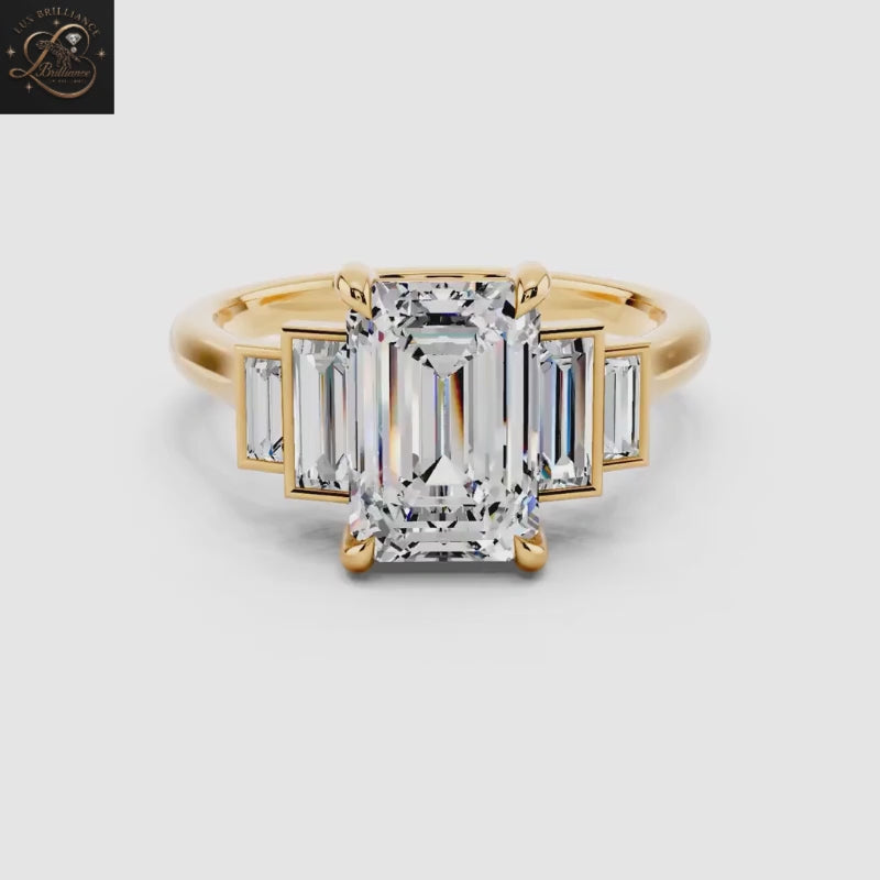 Unique  Emerald Cut Diamond Five -Stone Engagement Ring with Tapered Baguette Side Stones