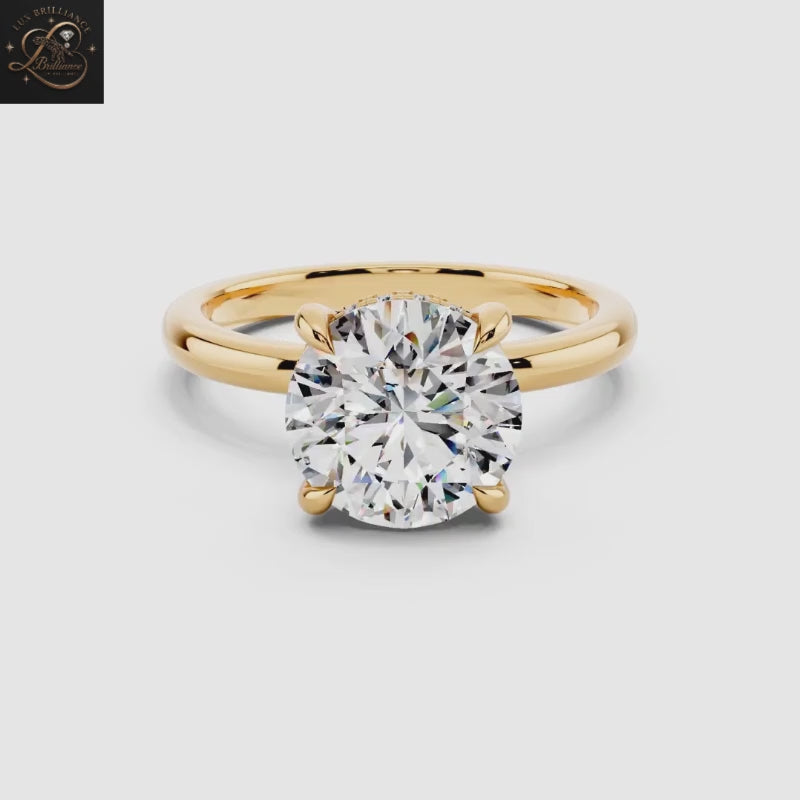 Round Cut Solitaire Engagement Ring with Hidden Halo |14K Yellow Gold Gift For Her