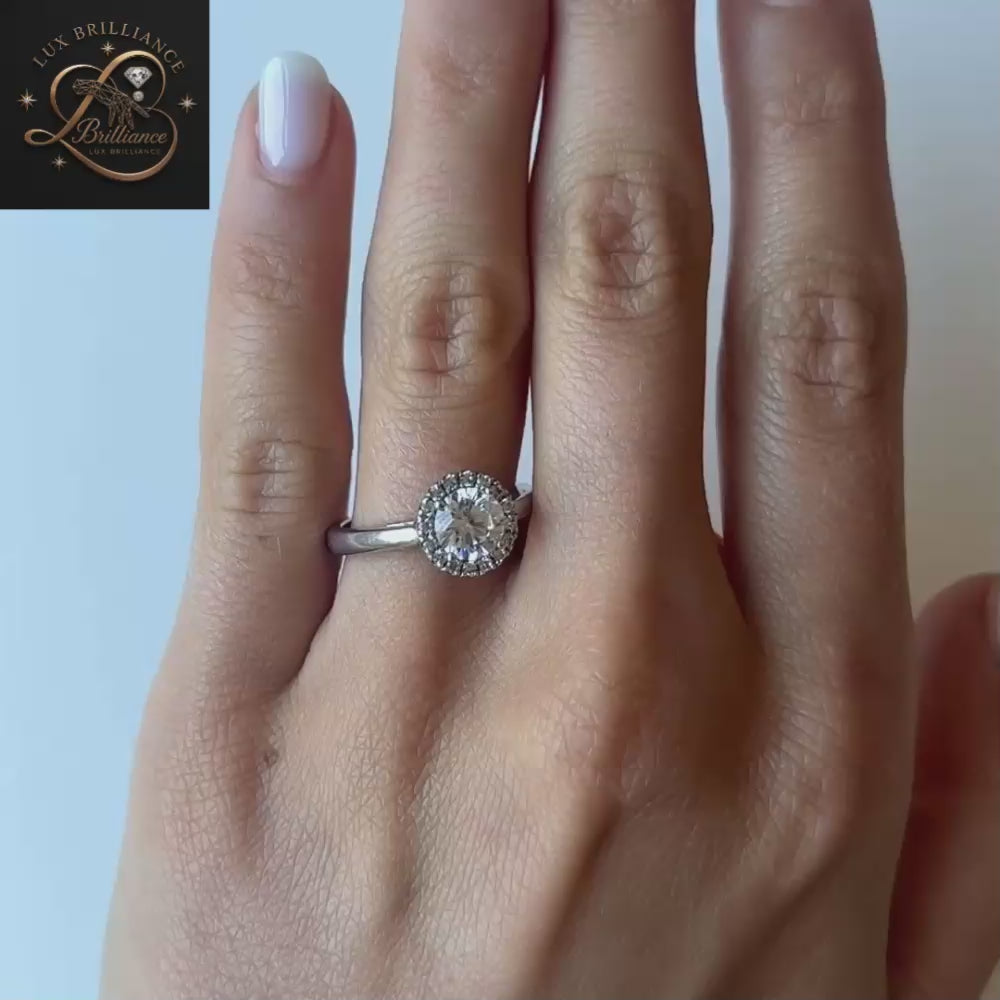 Round Cut Diamond Halo Engagement Ring | 18K White Gold Wedding Ring | Gift For Her