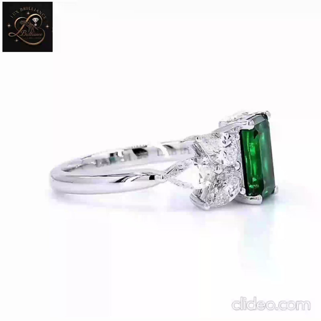 Emerald Cut Green Gemstone Engagement Ring | Pear Diamond Cluster Side Stones Ring