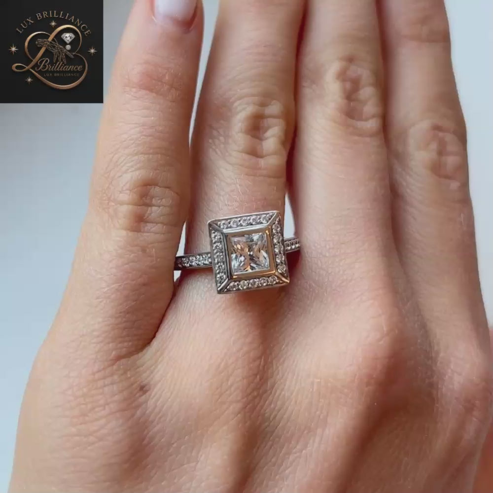 Princess Cut Diamond Halo Engagement Ring | Vintage Inspired Wedding Ring | Gift For Her