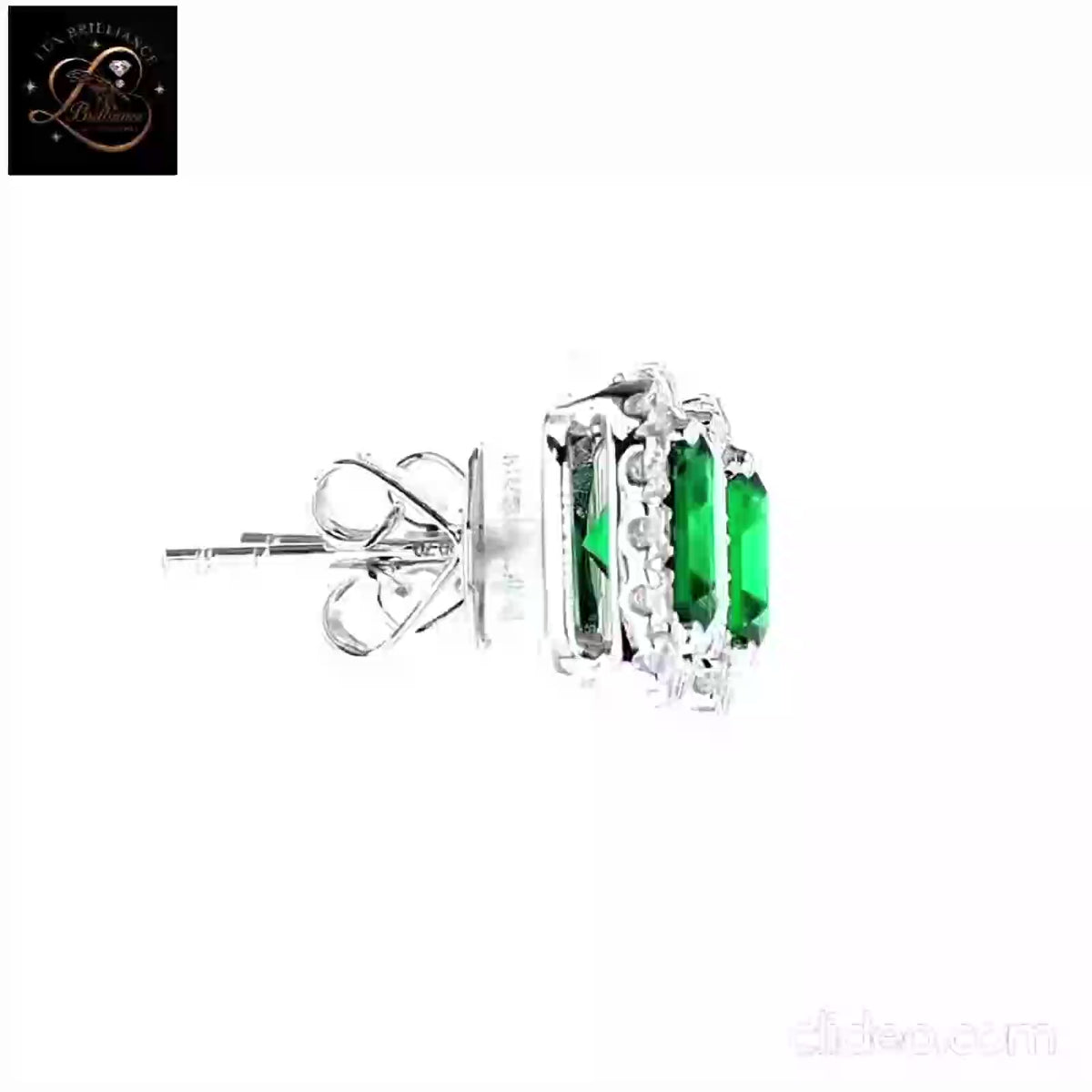 Emerald Cut Green Lab-Grown Diamond Earrings | 14K White Gold Halo-Solitaire Stud Earrings