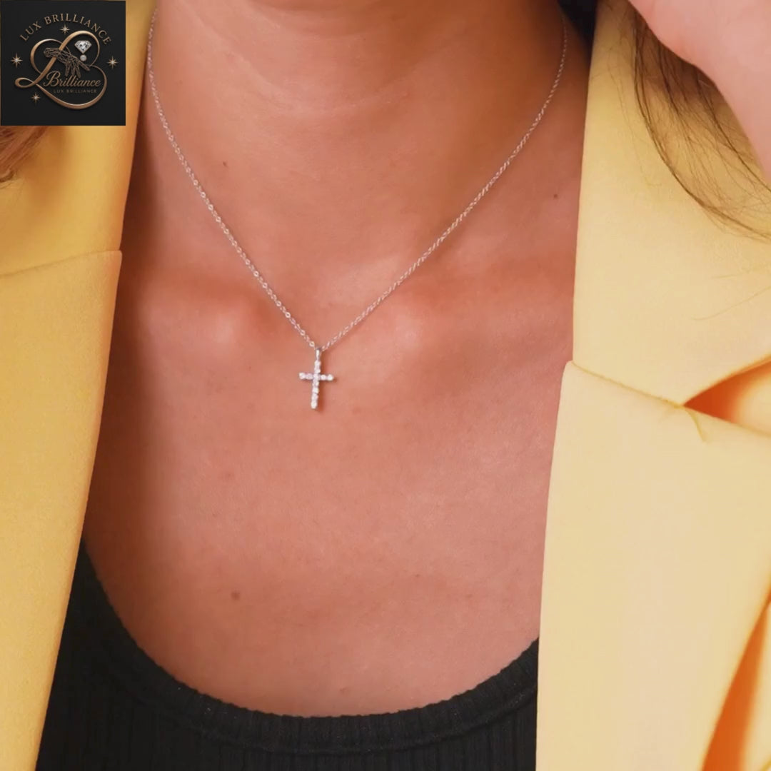 Prong-Set Diamond Cross Solitaire Pendant | 18k White Gold Cable Chain | Gift For Her