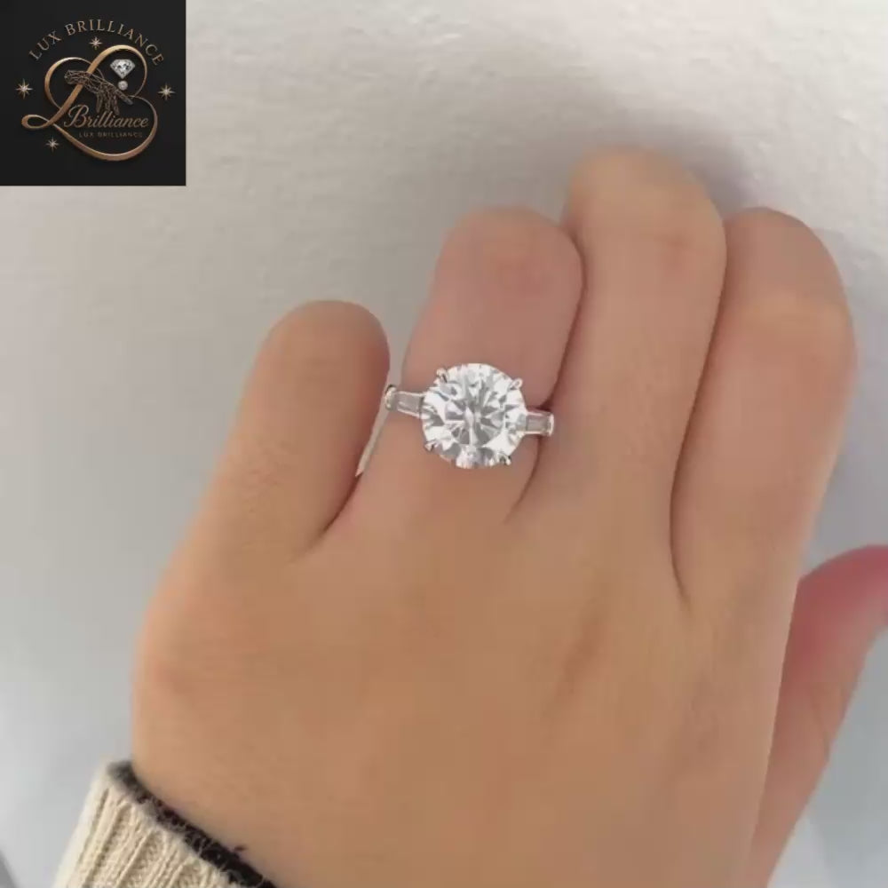 Round Brilliant Cut Diamond Engagement Ring | Tapered Baguette Side Stones | Anniversary Gift