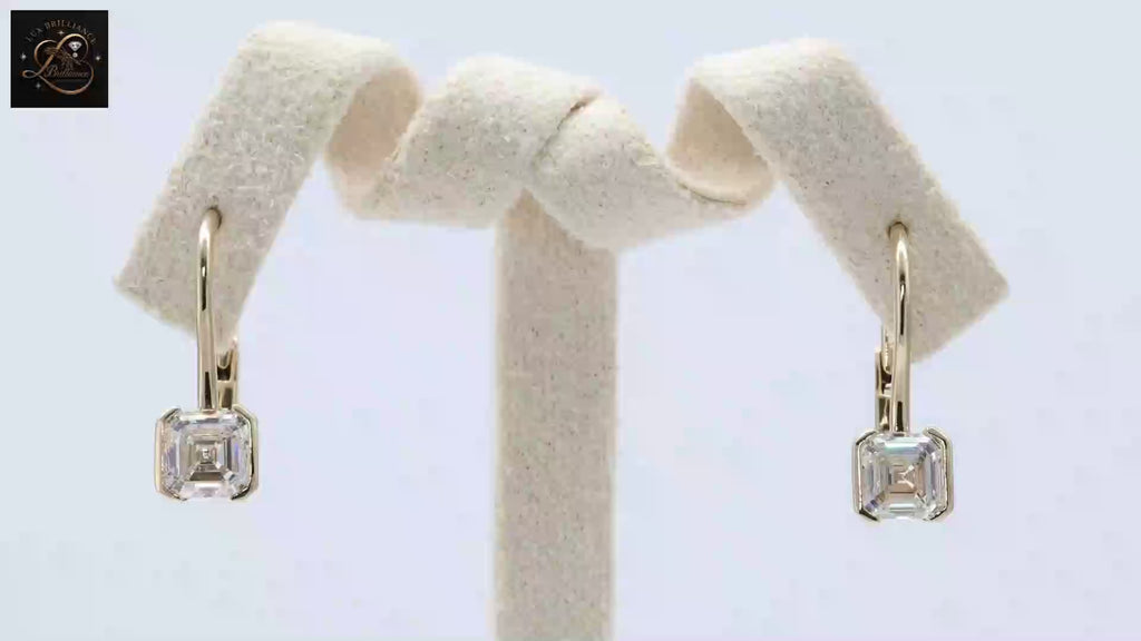 Bezel Set Asscher Cut Diamond Lever back Earrings | Solid Gold Solitaire Dangles
