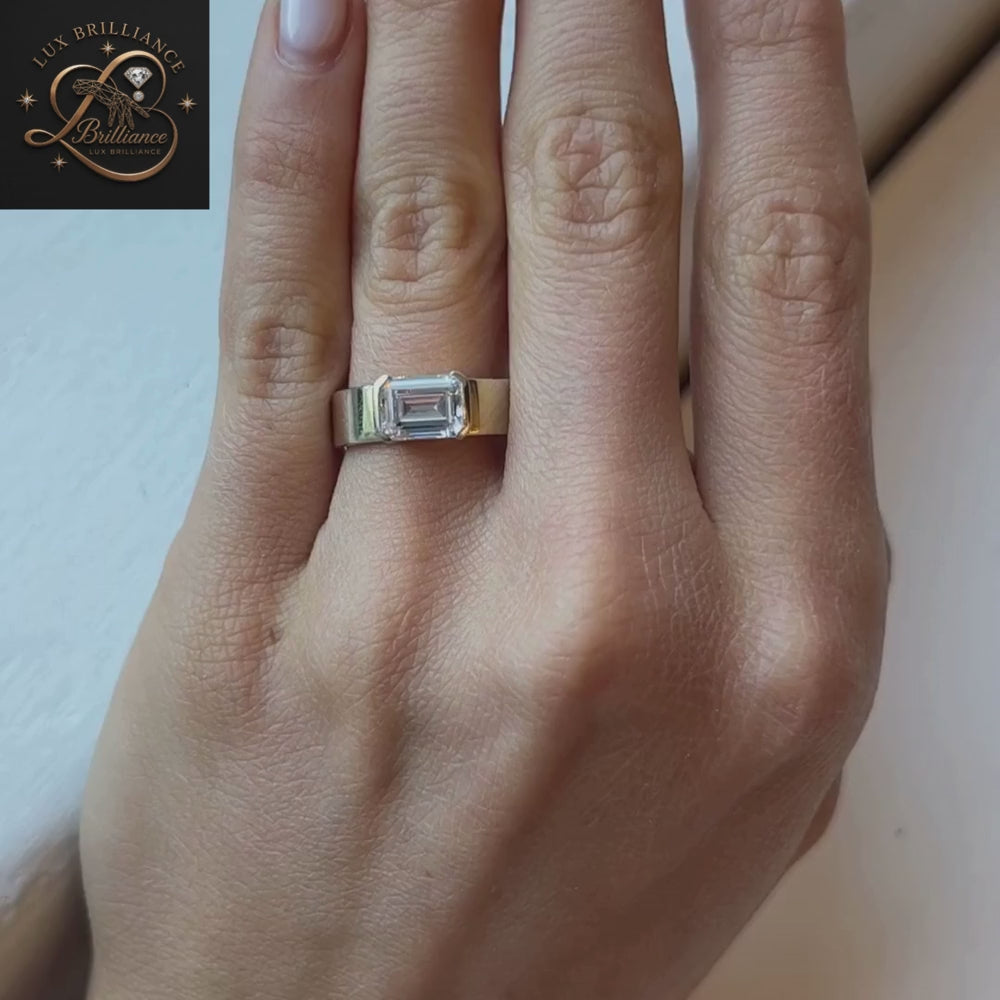 East-West Emerald Cut Diamond Bezel Ring | Yellow Gold Wedding Ring  | Gift for her