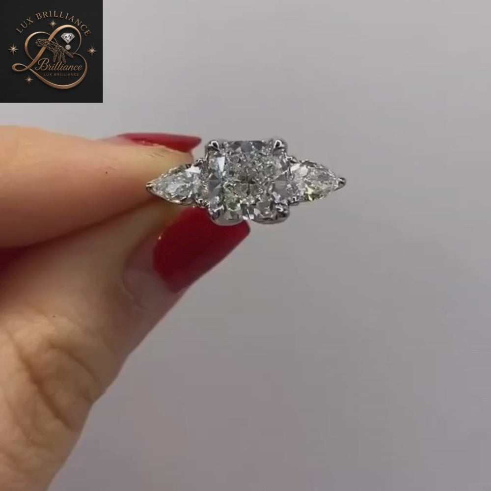 Cushion Cut Diamond Three Stone Engagement Ring with Pear Cut Side Stones| 18K White Gold  Ring
